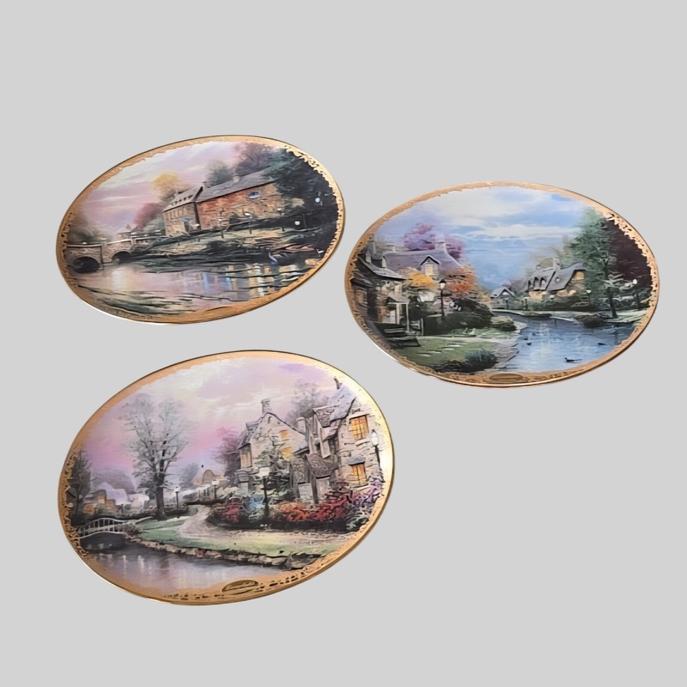 Thomas Kinkade Lamplight Lane Oval Collector Plates Set of 3 Gold Filigree Rim